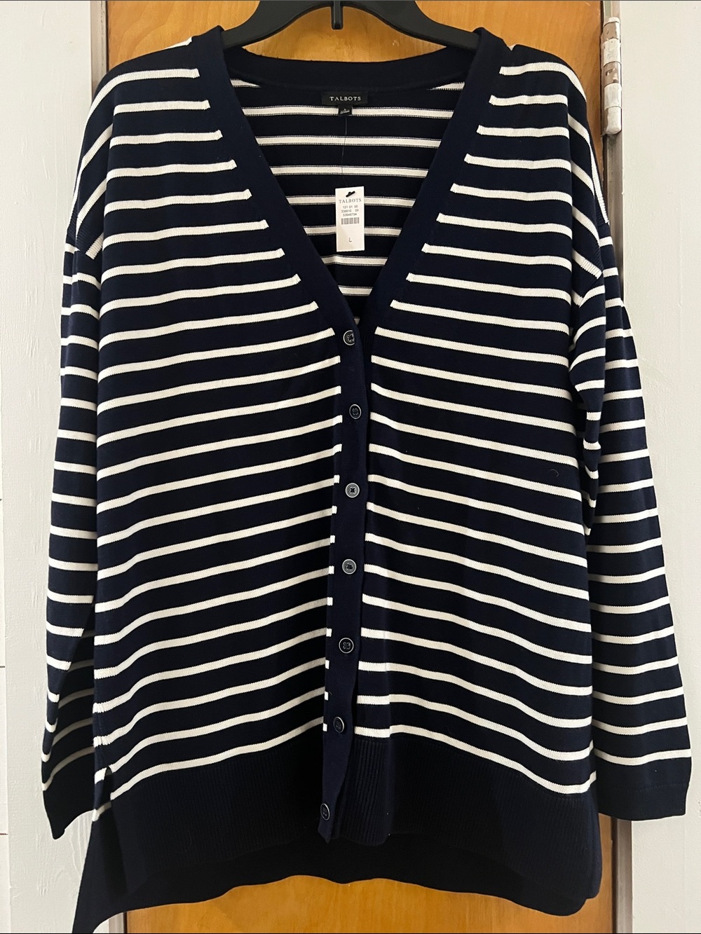 Talbots Navy and White Striped V-Neck Button-Up Cardigan